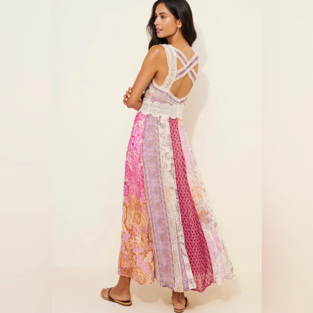 Anthropologie Sleeveless V Neck Patchwork Boho Maxi dress in pink combo, size 12 - Picture 2 of 11